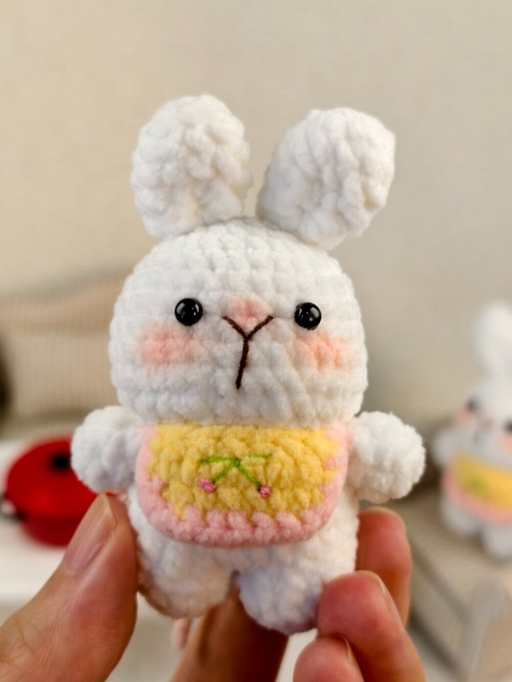 Handmade Amigurumi Crochet Rabbit Wearing a Bib Plushie
